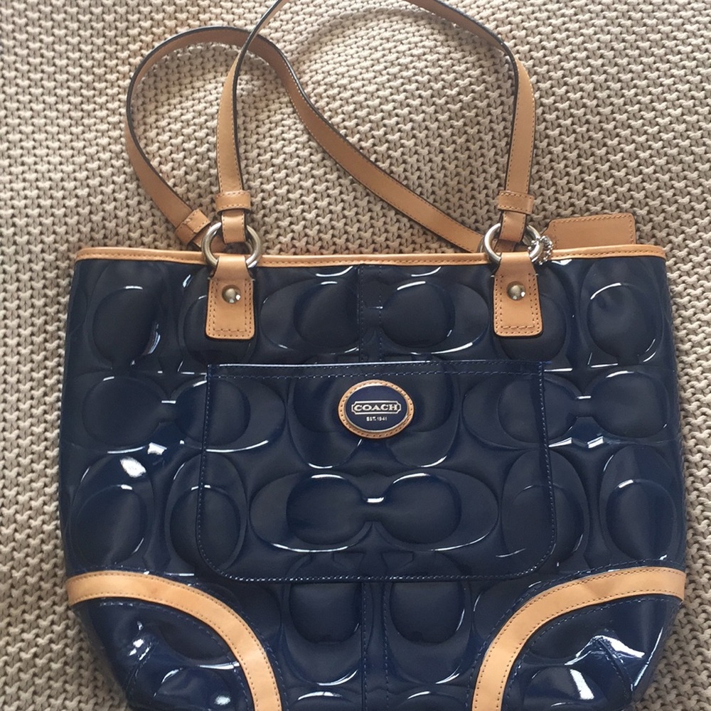 GORGEOUS Coach purse, shiny blue with tan handles!